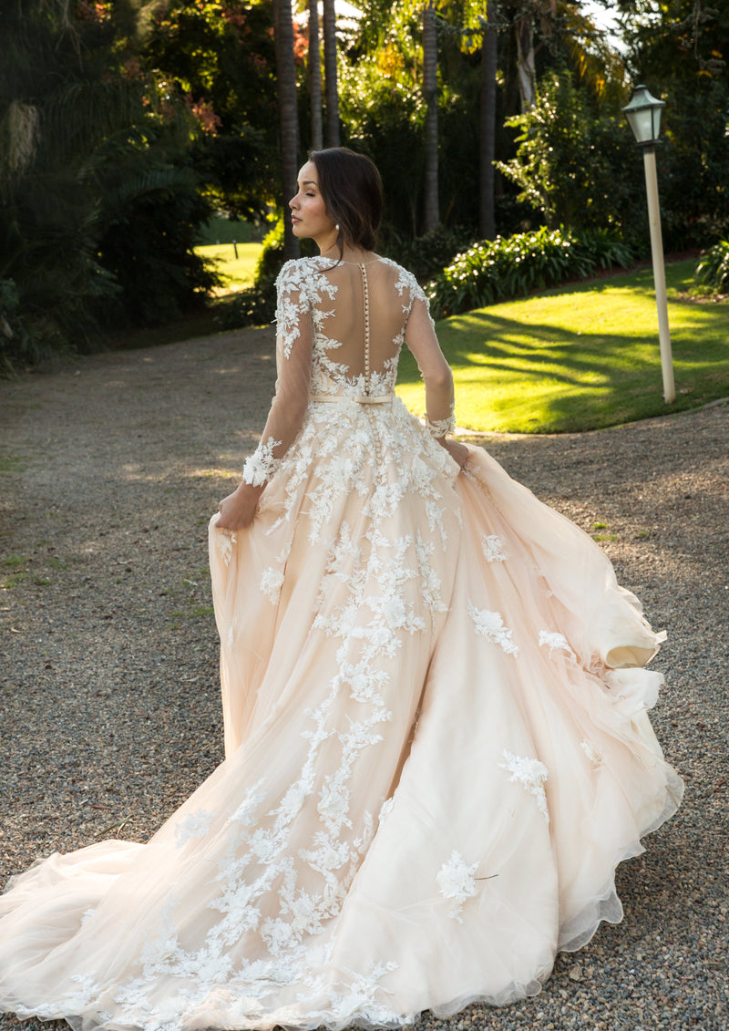 Charlotte | Bridal Wear | Wedding Gowns Melbourne | Wedding Gowns Sydney | Online elegant Wedding Gowns | 3D flower lace bodice Wedding Dress | luxury Bridal dress