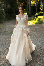 Charlotte | Bridal Wear | Wedding Gowns Melbourne | Wedding Gowns Sydney | Online elegant Wedding Gowns | 3D flower lace bodice Wedding Dress | luxury Bridal dress