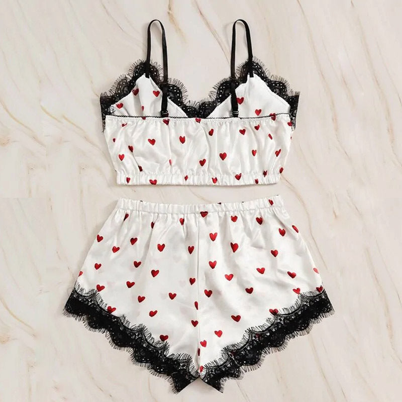 Heart Print with Lace Trim  Sleepwear